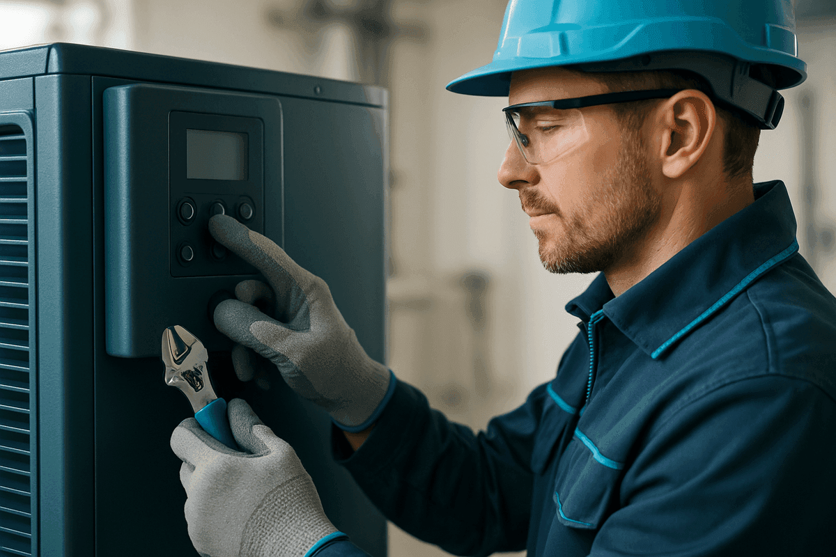 Gloved hands adjusting modern air conditioning control panel in mechanical room